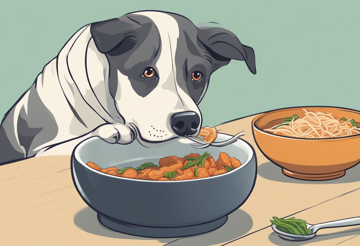 A dog sniffs a bowl of kimchi, looking curious but unsure