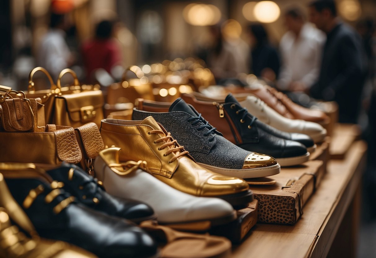 A bustling market stall displays a variety of Golden Goose products, including shoes, bags, and accessories. Shoppers browse the luxurious items, while the vendor showcases the latest designs