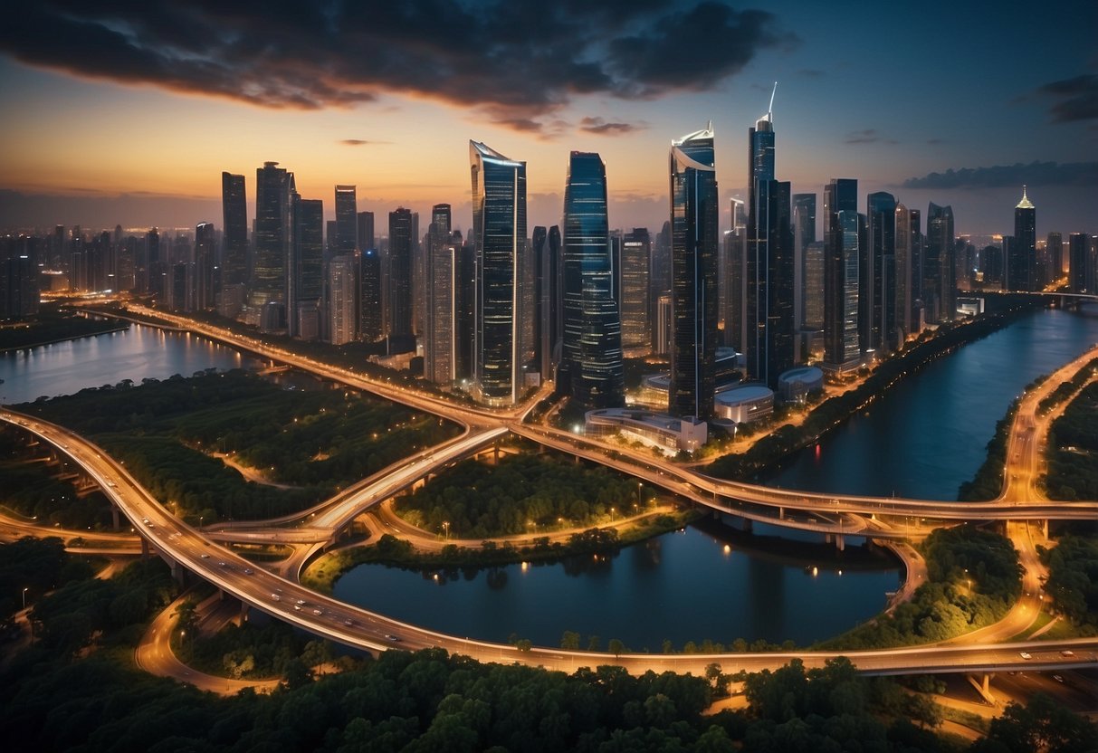 A bustling cityscape with modern skyscrapers, lush greenery, and a network of waterways weaving through the urban landscape