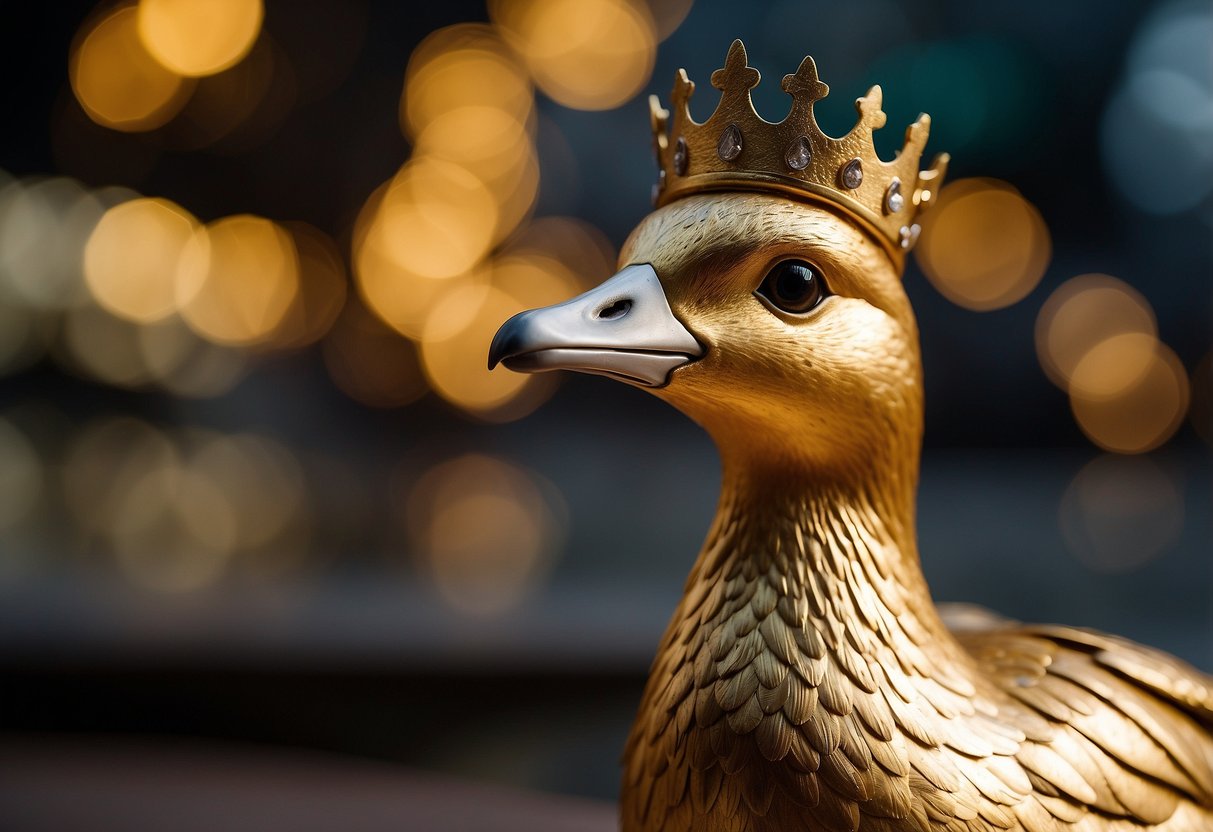 A golden goose with a crown surrounded by question marks on a Singaporean background