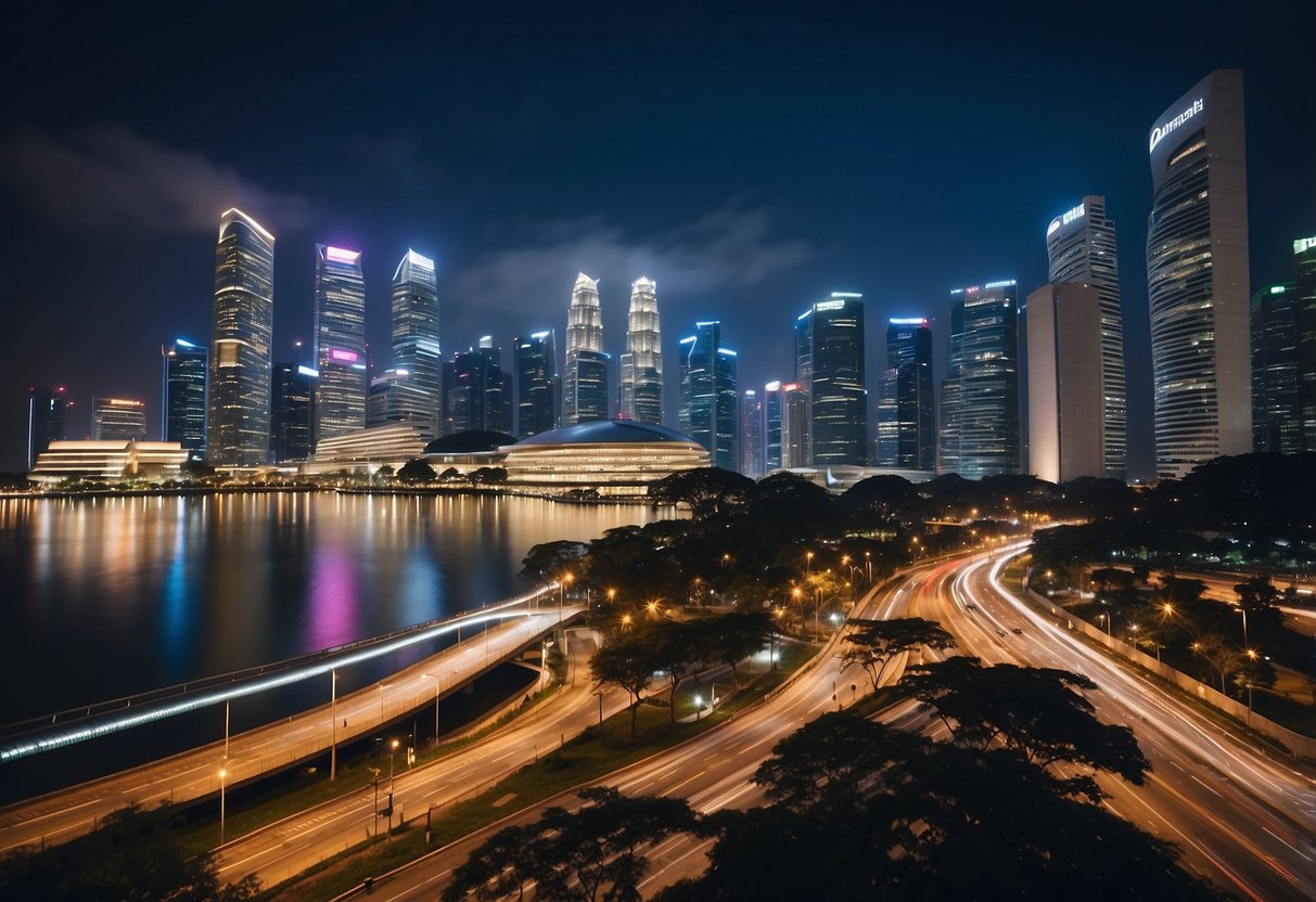 A bustling city skyline with iconic landmarks and a vibrant street scene in Singapore