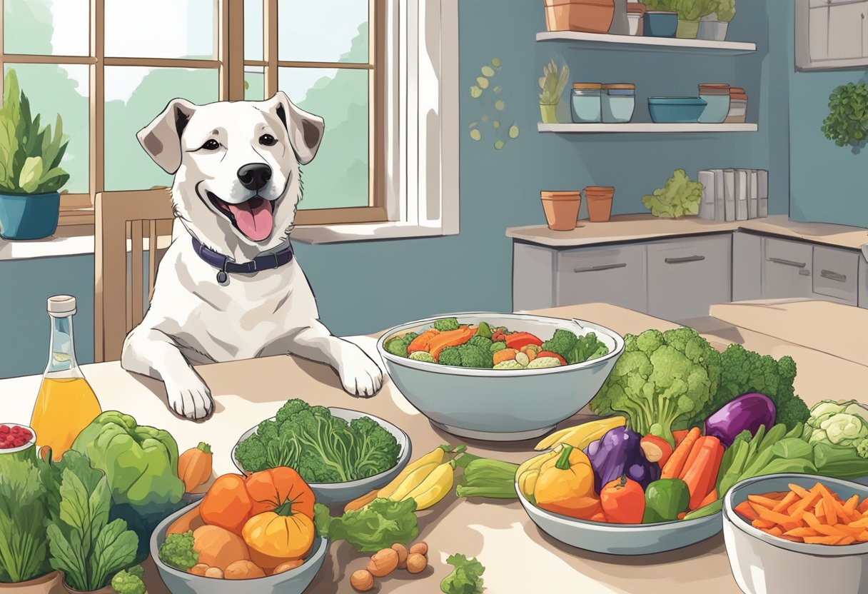 A dog happily eats from a bowl of safe, dog-friendly alternatives to kimchi. A variety of colorful vegetables and fruits are visible in the scene