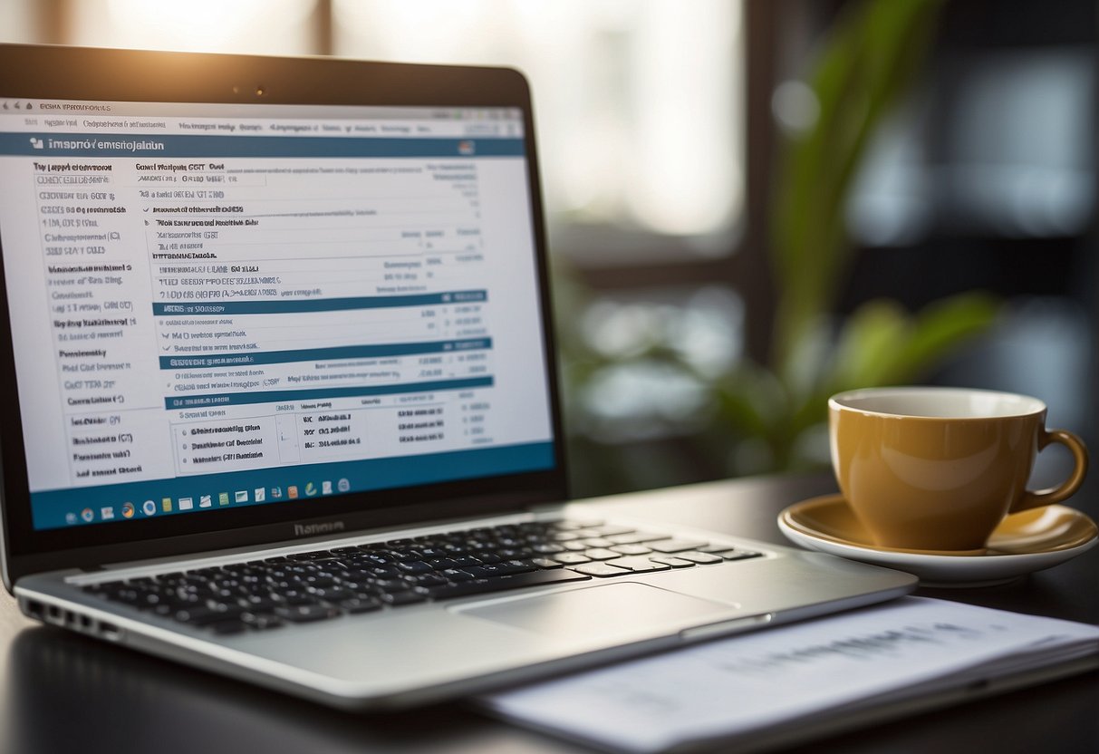 A stack of tax documents sits atop a desk, with a laptop open to a government website explaining GST regulations in Singapore
