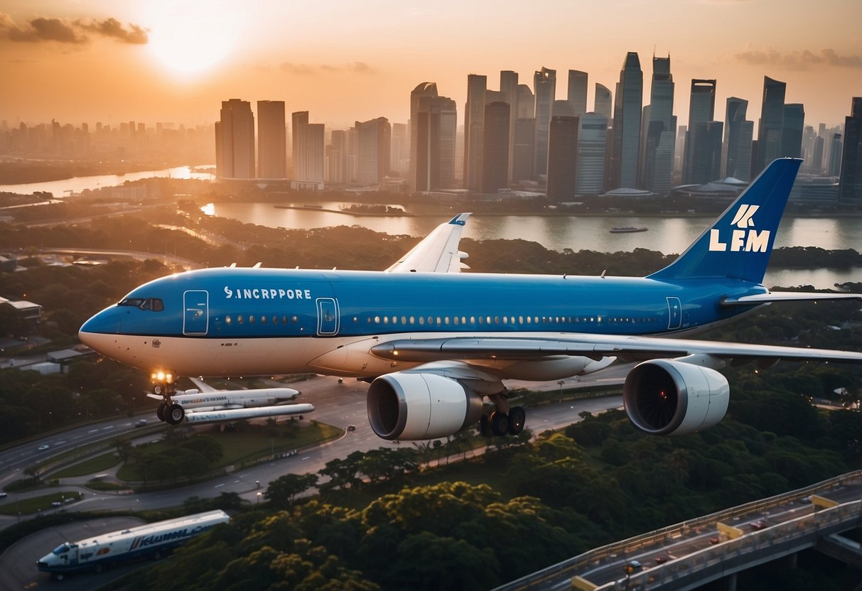 A large KLM airplane flying over the iconic Singapore skyline at sunset