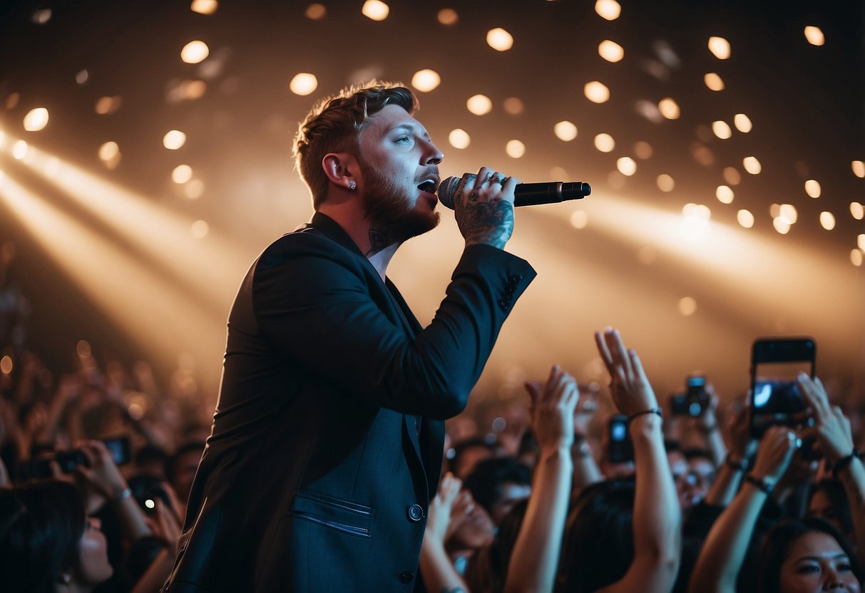 James Arthur performs on stage in Singapore, surrounded by a sea of cheering fans and colorful lights