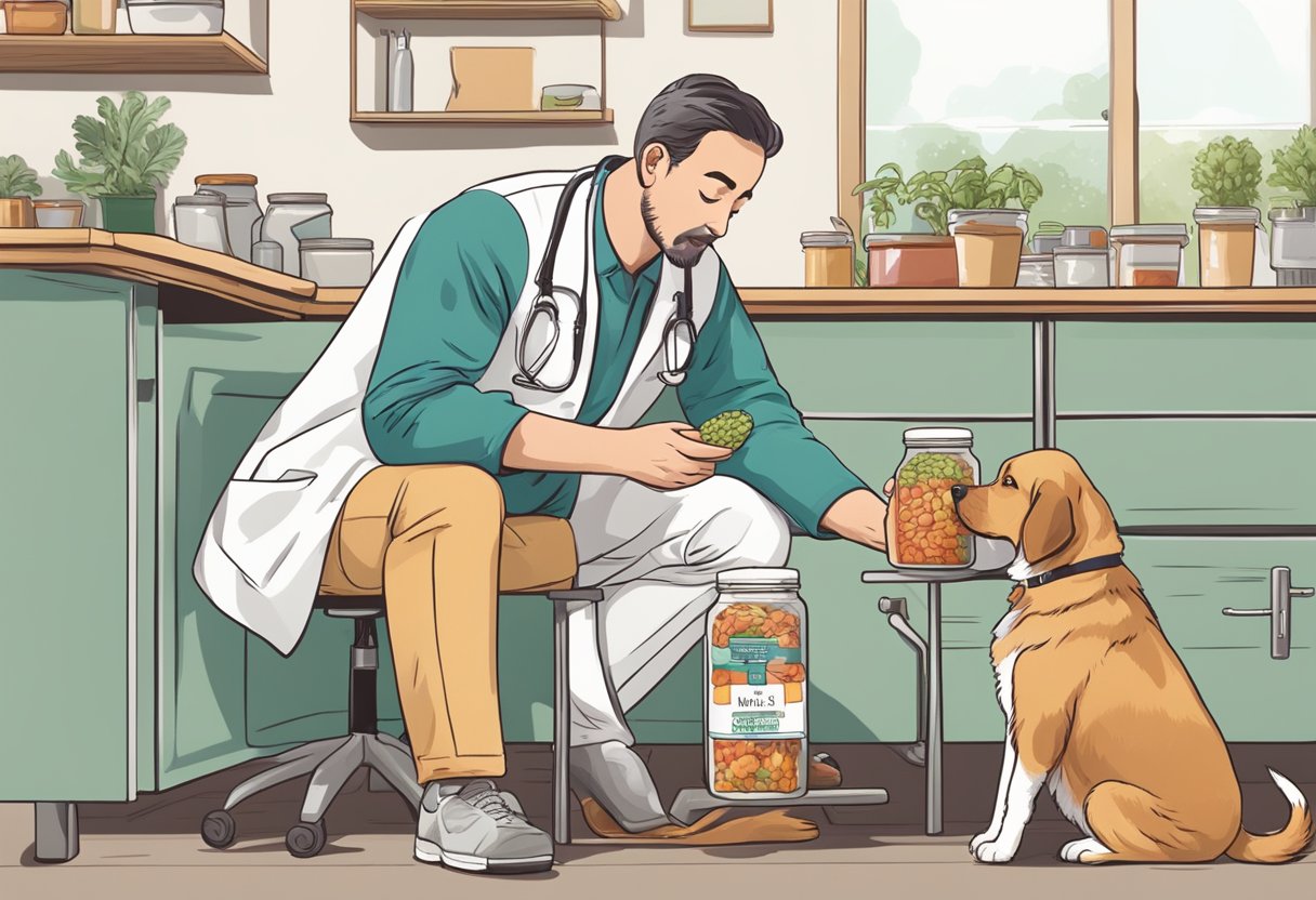 A dog sits beside a veterinarian, who holds a jar of kimchi. The vet gestures towards the dog's food bowl, while the dog eagerly watches