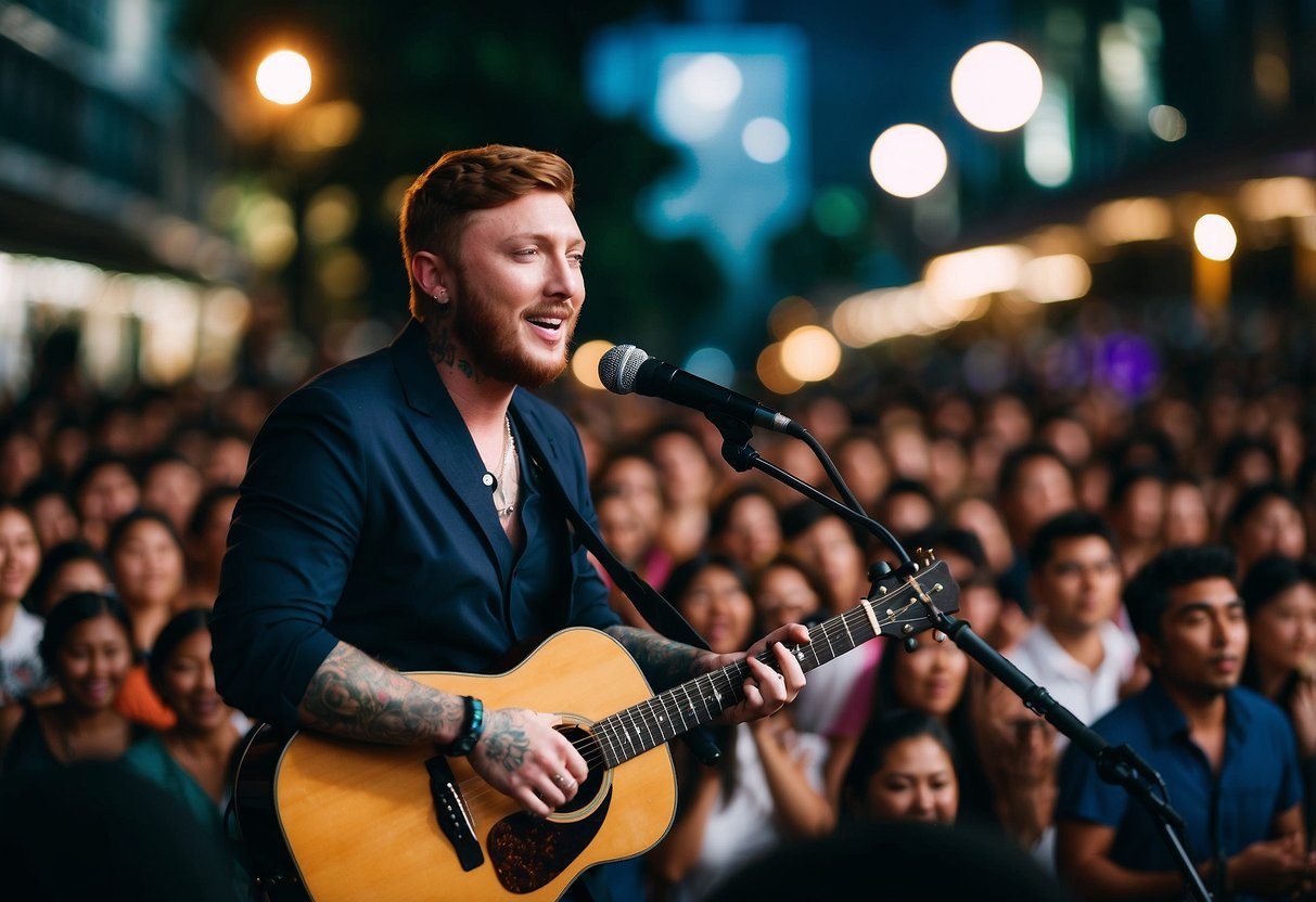 The bustling streets of Singapore are filled with vibrant colors and sounds as James Arthur performs for adoring fans during his 2023 Southeast Asia tour