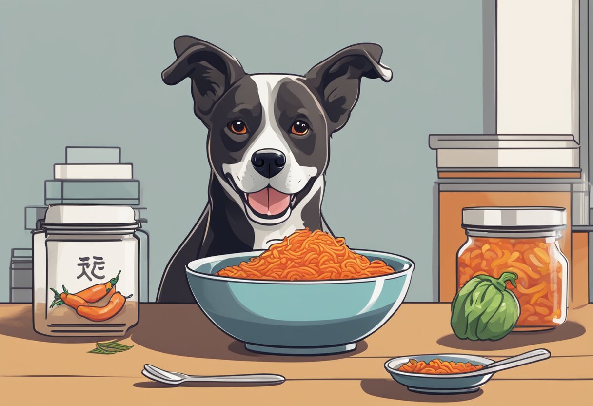 A happy dog sits in front of a bowl of kimchi, sniffing the spicy aroma with curiosity. A question mark hovers above its head, indicating uncertainty
