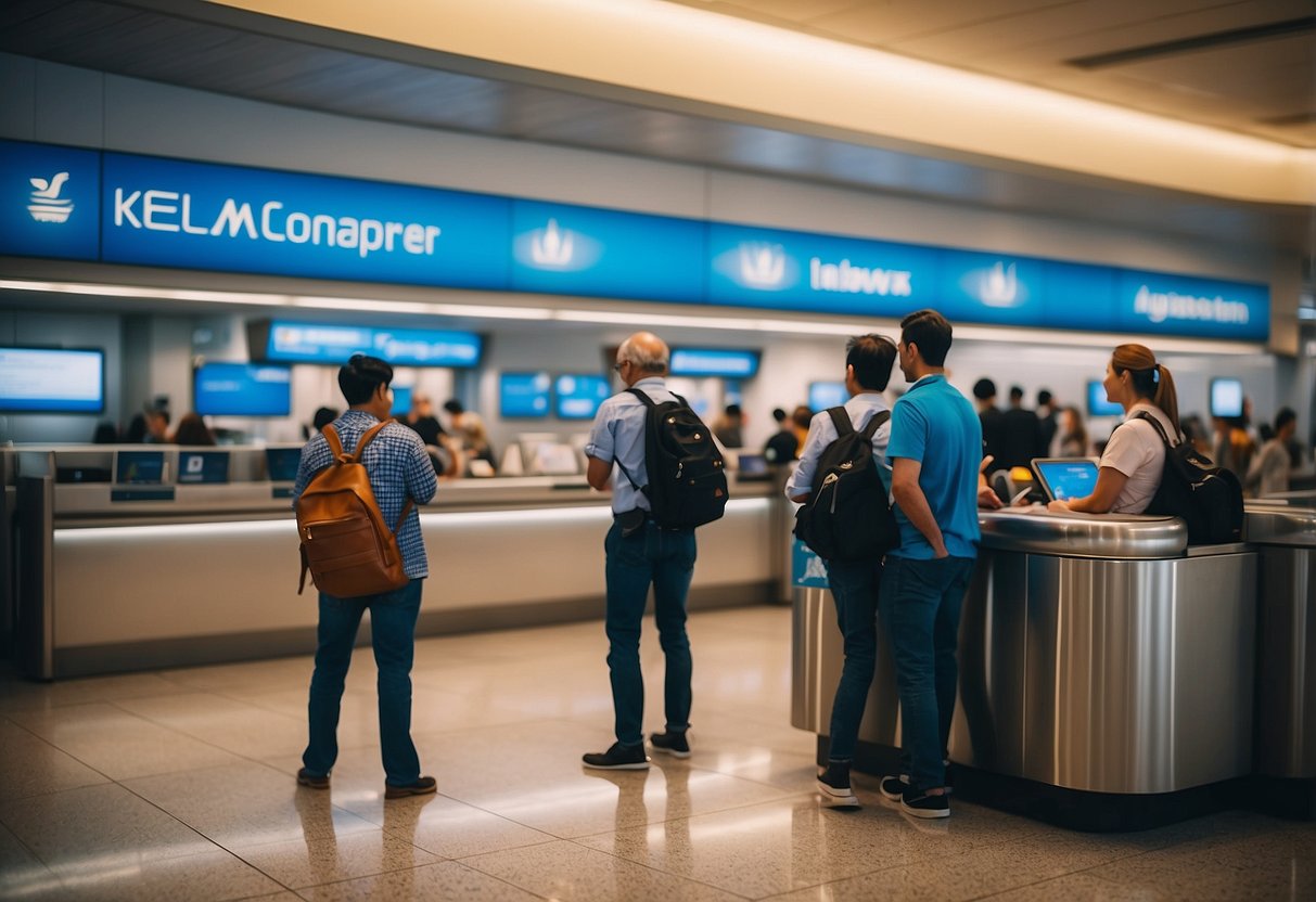Passengers booking KLM flight to Singapore at airport counter