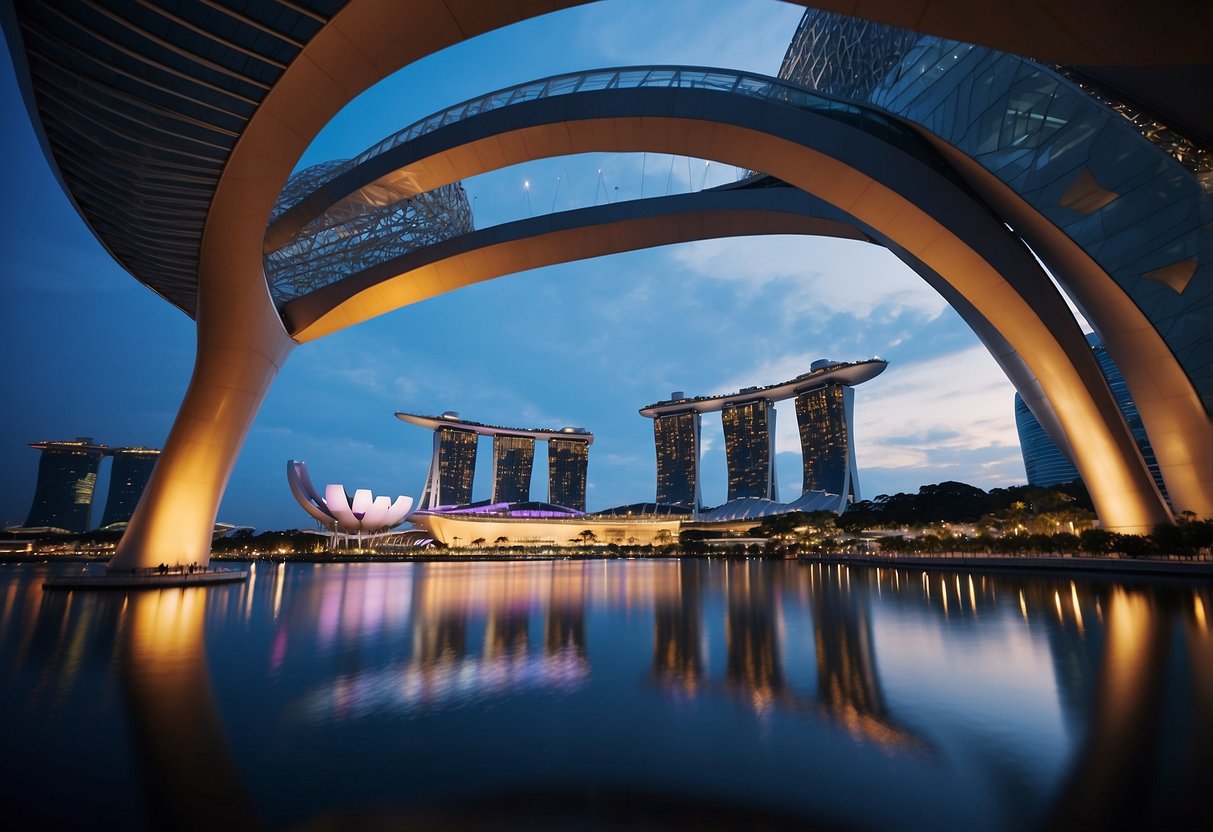 A vibrant cityscape with iconic landmarks like Marina Bay Sands and the Singapore Flyer, bustling streets filled with diverse cultures and cuisines