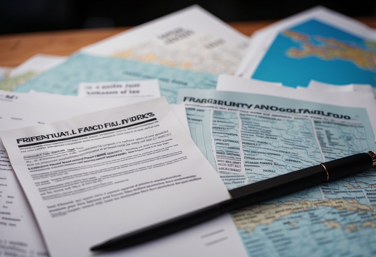 A stack of papers with "Frequently Asked Questions" on top, a computer screen showing James Arthur's name, and a map of Singapore in the background