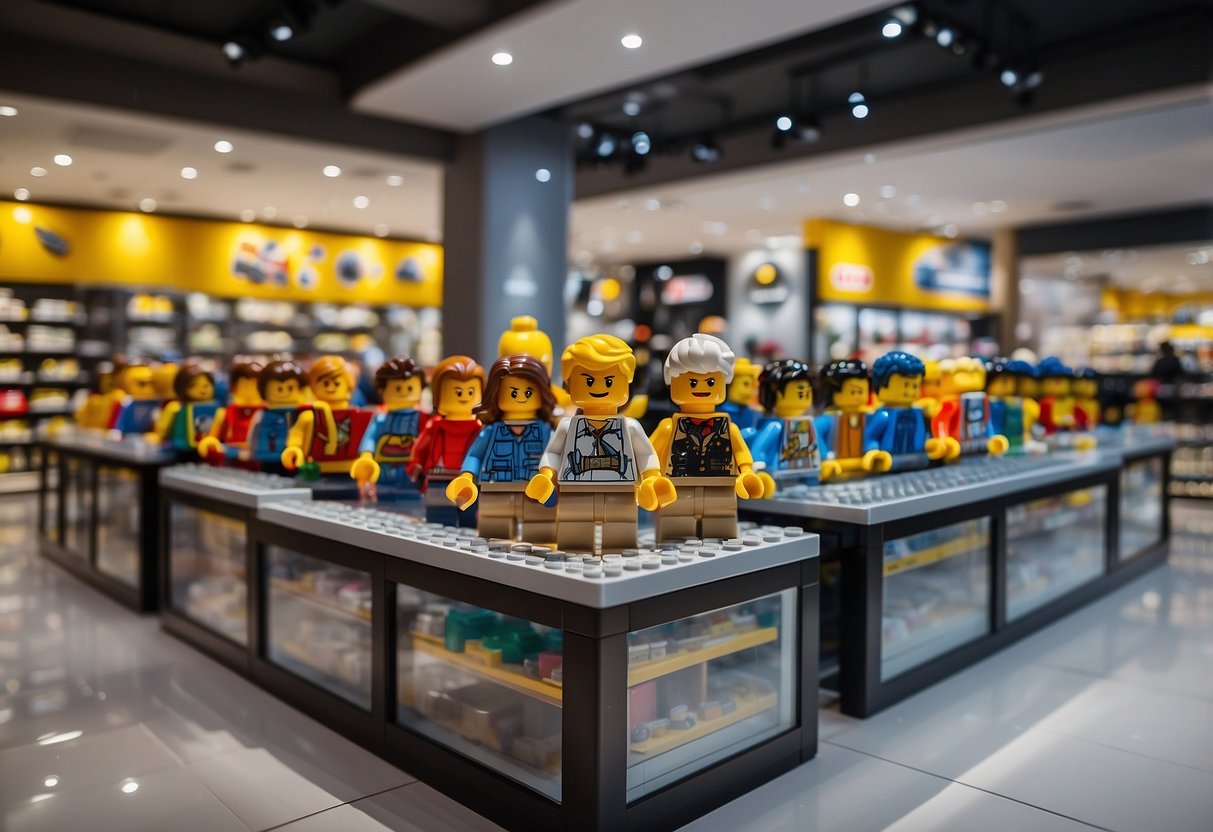 The bustling Lego shop in Singapore features colorful displays and shelves stacked with various Lego sets and accessories. The store is filled with excited customers browsing and making their selections