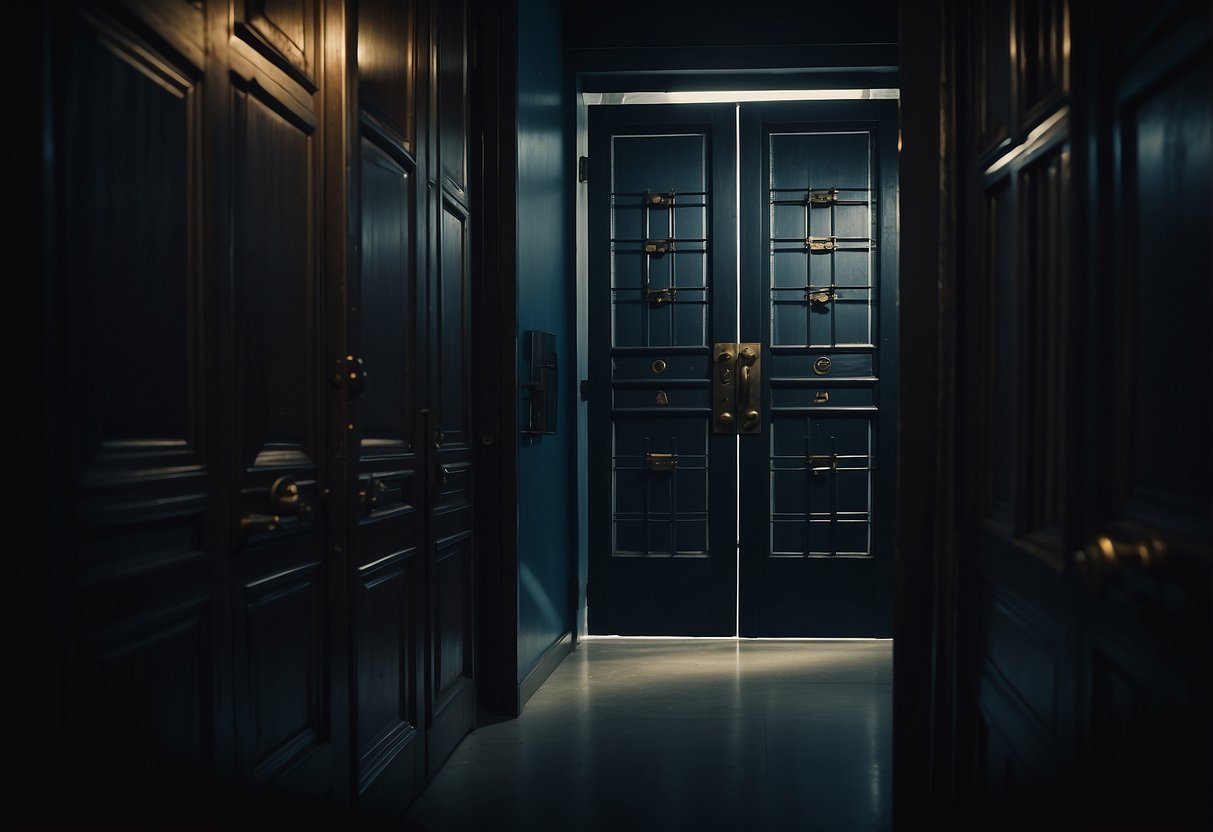 A dimly lit room with scattered clues and locked doors, a sense of urgency and mystery in the air