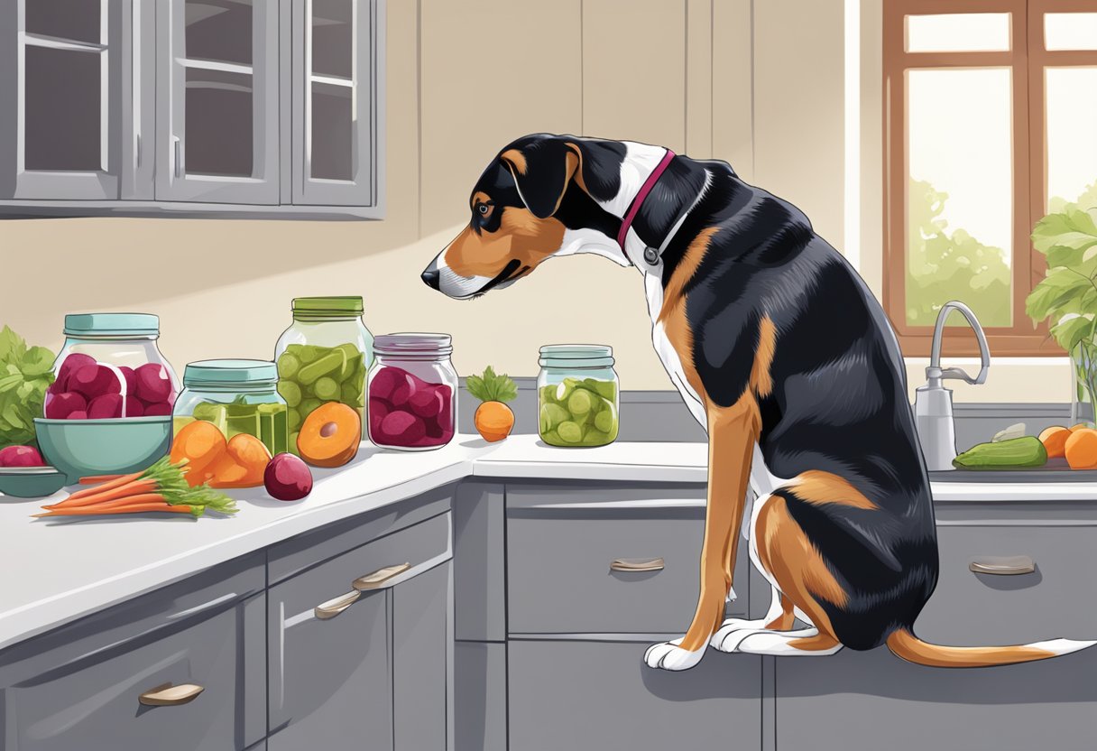 A dog sniffs a jar of pickled beets on a kitchen counter.