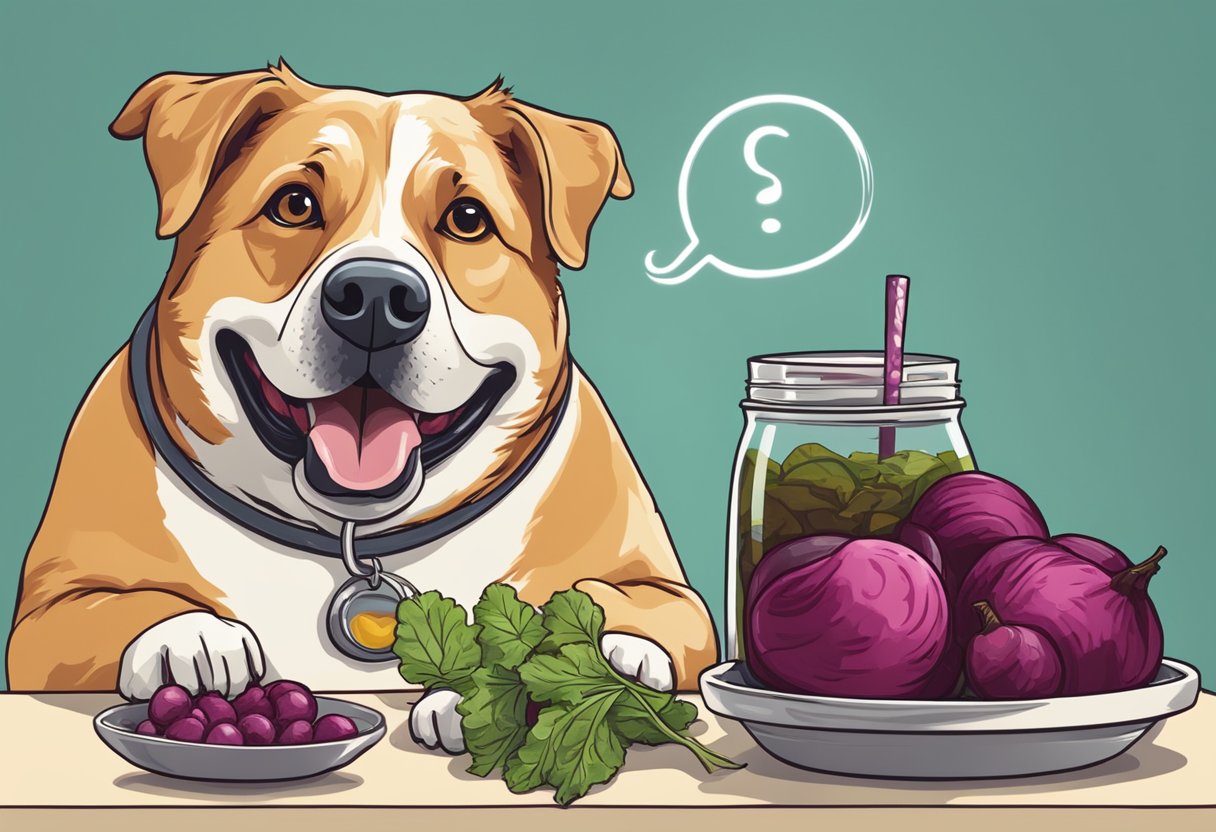 A happy dog sitting next to a bowl of pickled beets, with a question mark above its head.