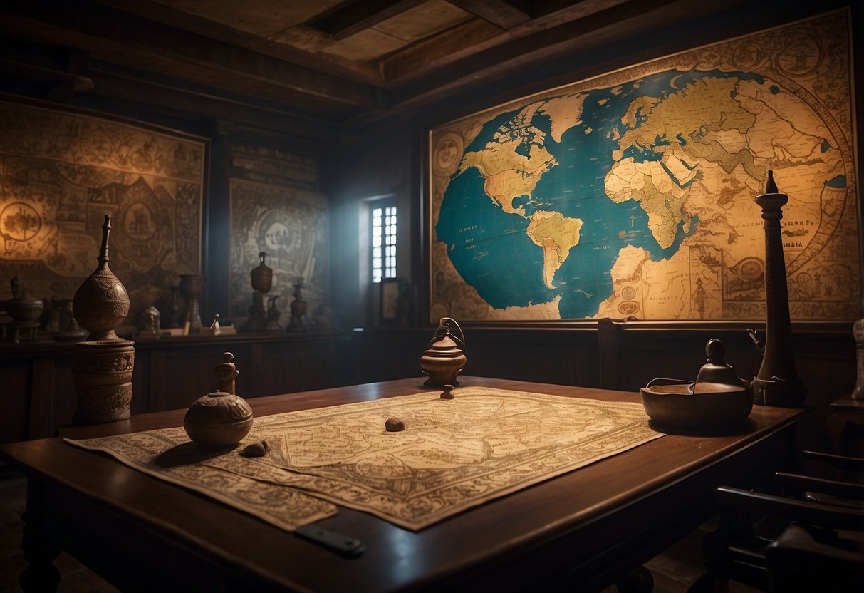 A dimly lit room with ancient artifacts and mysterious symbols scattered around. A map of the world is displayed prominently, with hidden clues waiting to be discovered