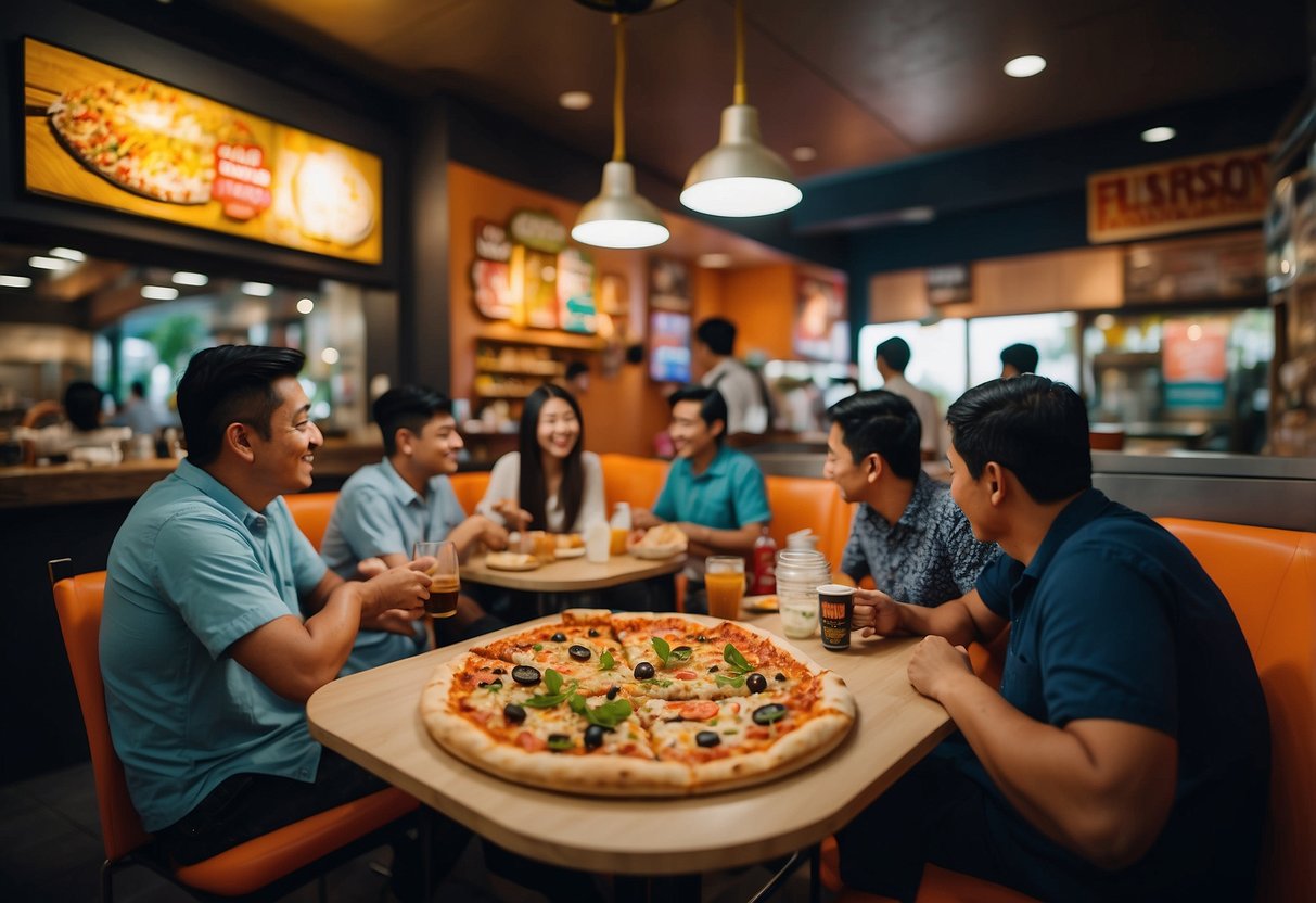 Customers enjoying halal pizza at various outlets in Singapore, with colorful and vibrant decor, diverse toppings, and friendly staff