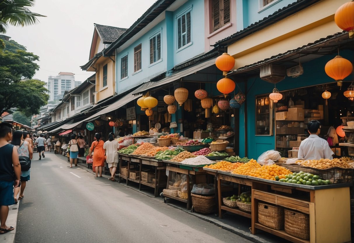 A bustling street in Hegen, Singapore, with colorful shophouses and vibrant street vendors