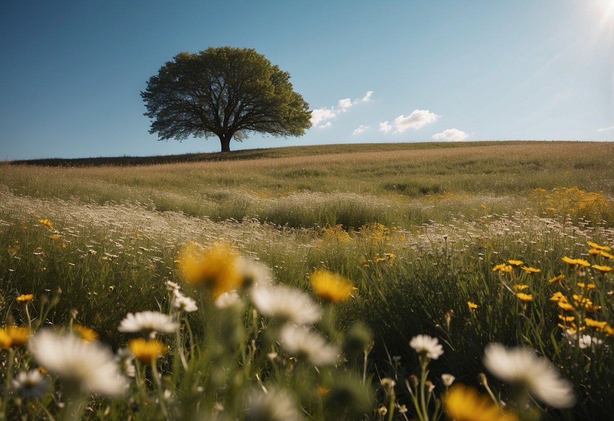 A serene landscape with a lone tree standing tall amidst a field of wildflowers, with a clear blue sky and a sense of tranquility