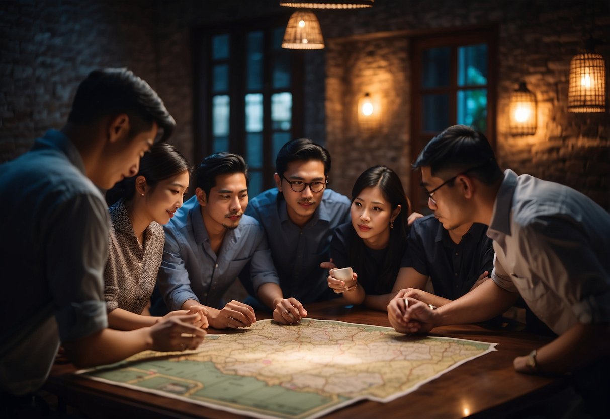 Guests gather around a map, discussing their strategy for the Lost SG Escape Room in Singapore. The room is dimly lit with mysterious artifacts scattered around