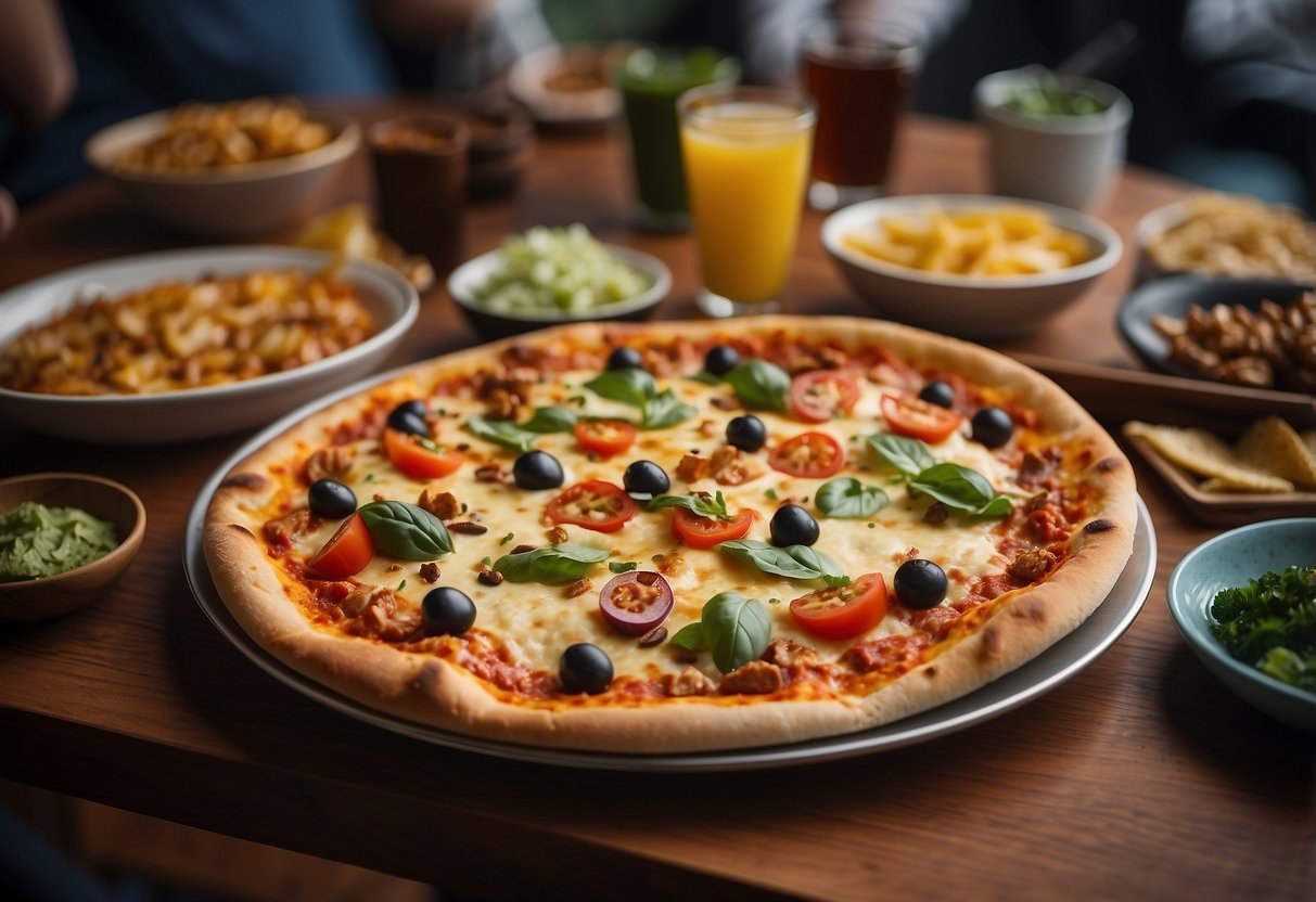 A colorful menu featuring diverse healthy options, including halal pizza, in a bustling Singapore setting