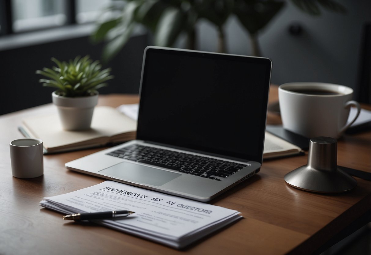 A table with a laptop, a stack of papers, and a pen. A sign with "Frequently Asked Questions" and "hegen singapore" displayed prominently