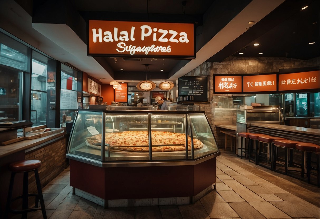 A halal pizza shop in Singapore, with a sign reading "Frequently Asked Questions halal pizza singapore" and a bustling atmosphere
