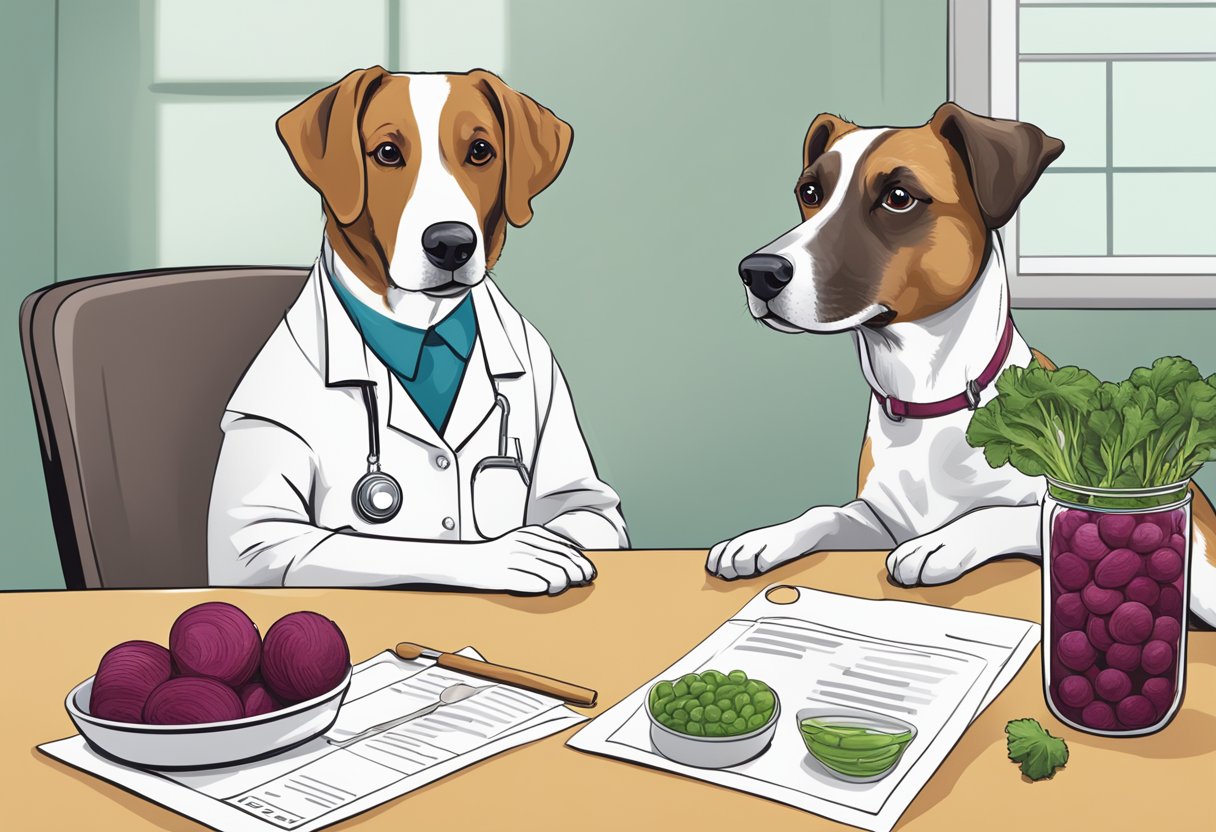 A dog sits next to a bowl of pickled beets, looking curious. A veterinarian holds a chart of potential health issues related to feeding dogs pickled beets.