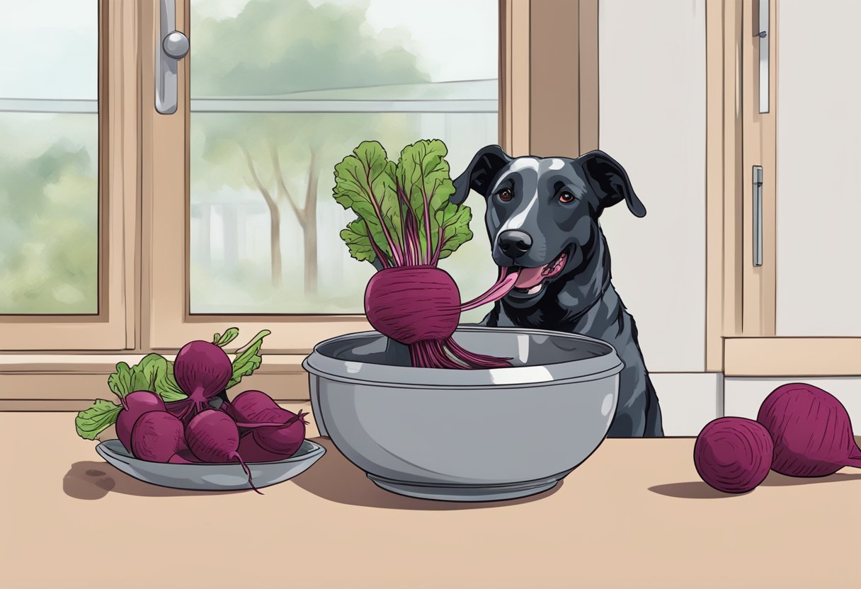 A dog happily eating fresh beets from a food bowl, with a pickled beet jar nearby. Safe and healthy inclusion in the dog's diet.