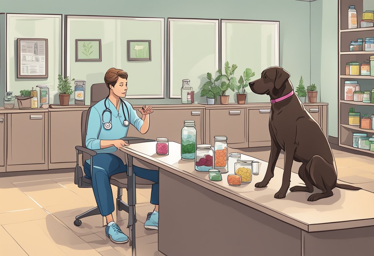 A dog sits in a veterinarian's office, while the vet holds a jar of pickled beets and gestures towards the dog's food bowl.