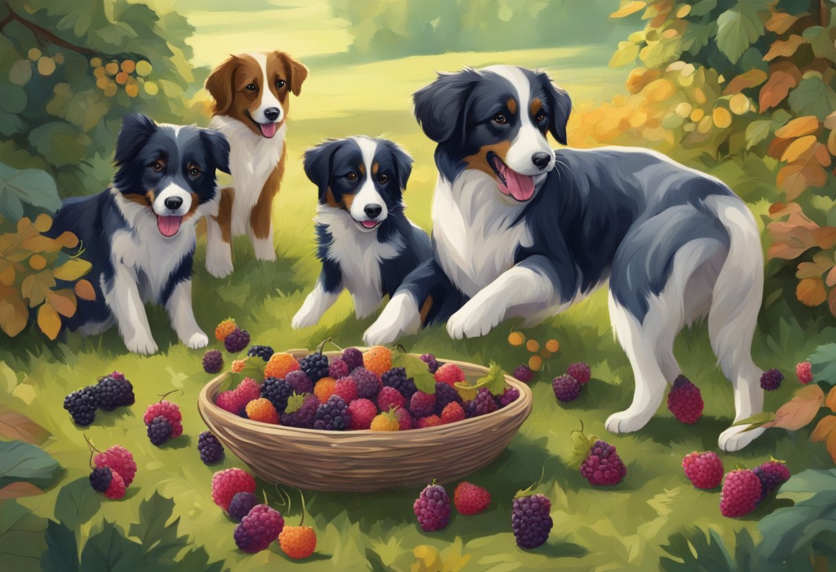 A group of dogs eagerly munch on ripe mulberries scattered on the ground, their tails wagging in excitement as they enjoy the sweet and juicy fruit