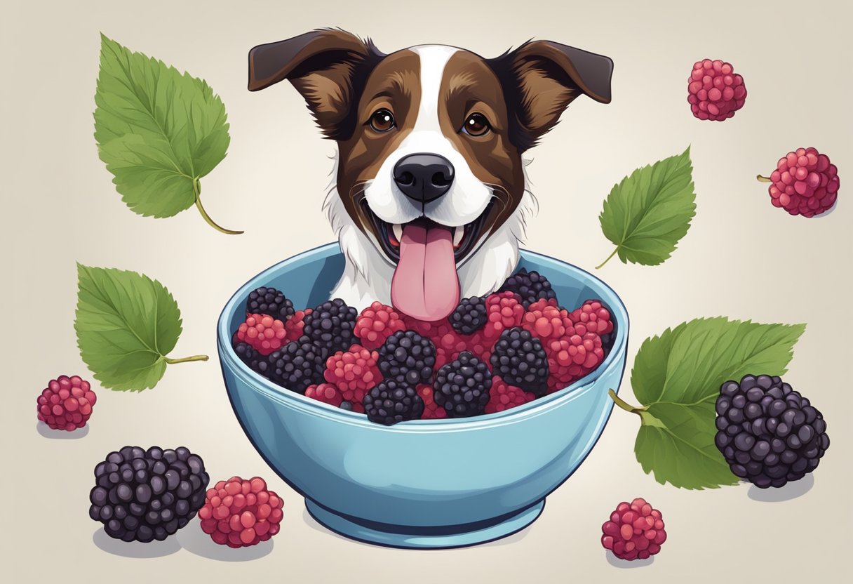 A happy dog eating mulberries from a bowl, with a wagging tail and a playful expression.