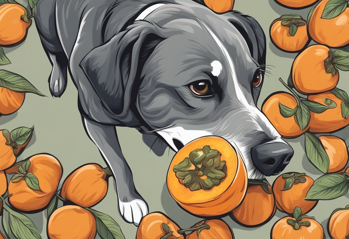 A dog eagerly sniffs a ripe persimmon, its mouth watering with curiosity.