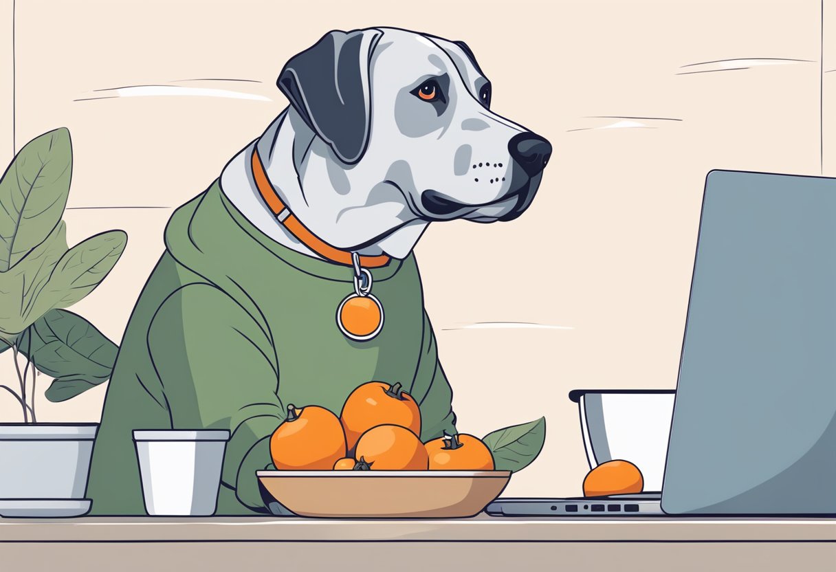 A dog sitting next to a bowl of persimmons with a concerned owner looking up "When to Consult a Veterinarian Can Dogs Eat Persimmons?" on a laptop.