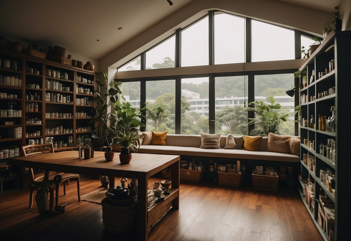 A cozy home in Singapore with shelves filled with homeopathic remedies, a warm and inviting atmosphere, and natural light streaming in through the windows