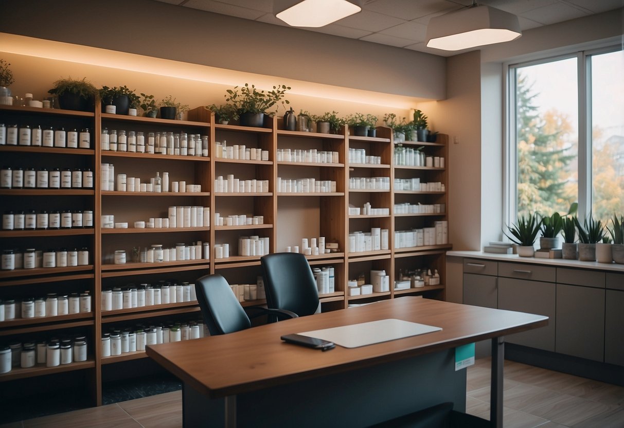 A serene clinic room with shelves of homeopathic remedies, a calming color scheme, and a peaceful atmosphere
