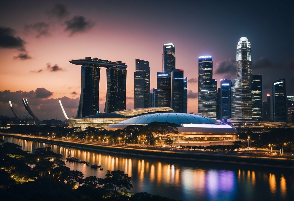 A bustling city skyline with iconic landmarks, modern architecture, and vibrant lights, showcasing the vibrant and dynamic atmosphere of Singapore