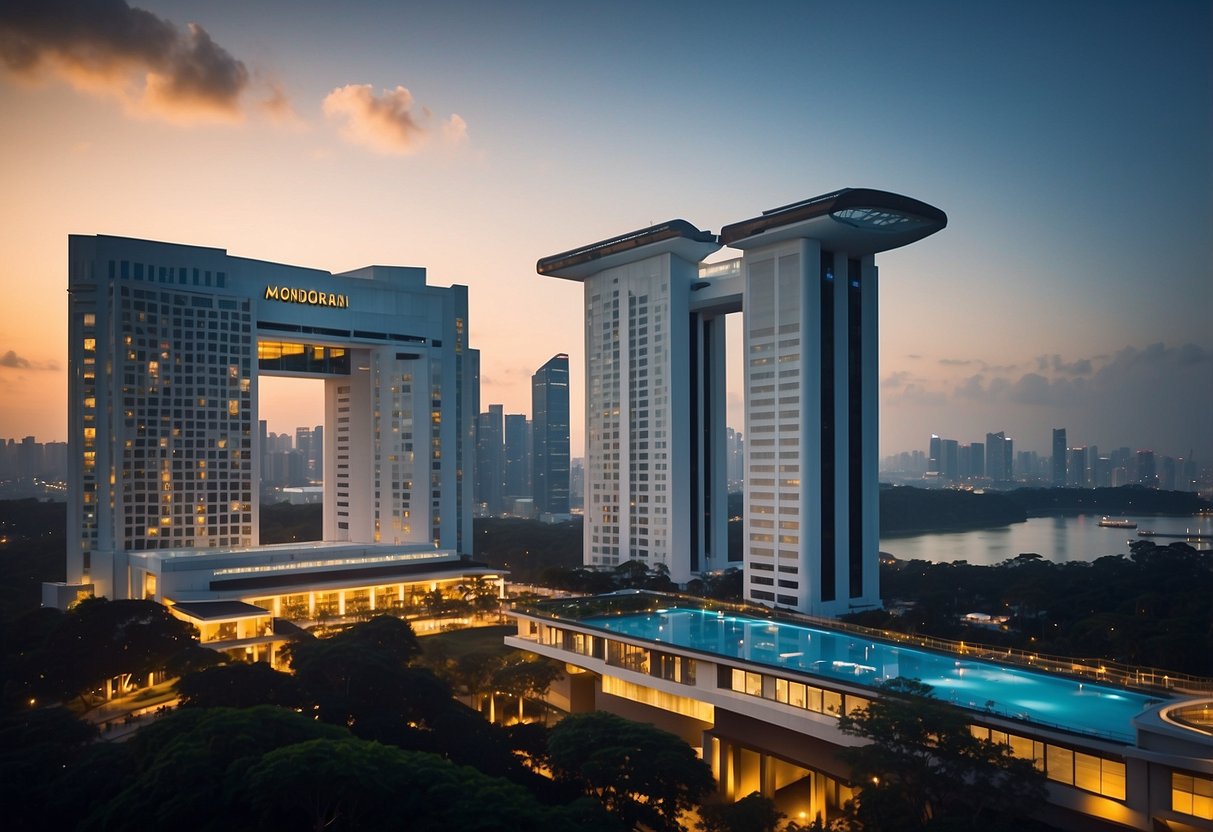 The Mondrian Hotel in Singapore, with its sleek modern architecture and vibrant color scheme, sits against the backdrop of the city skyline