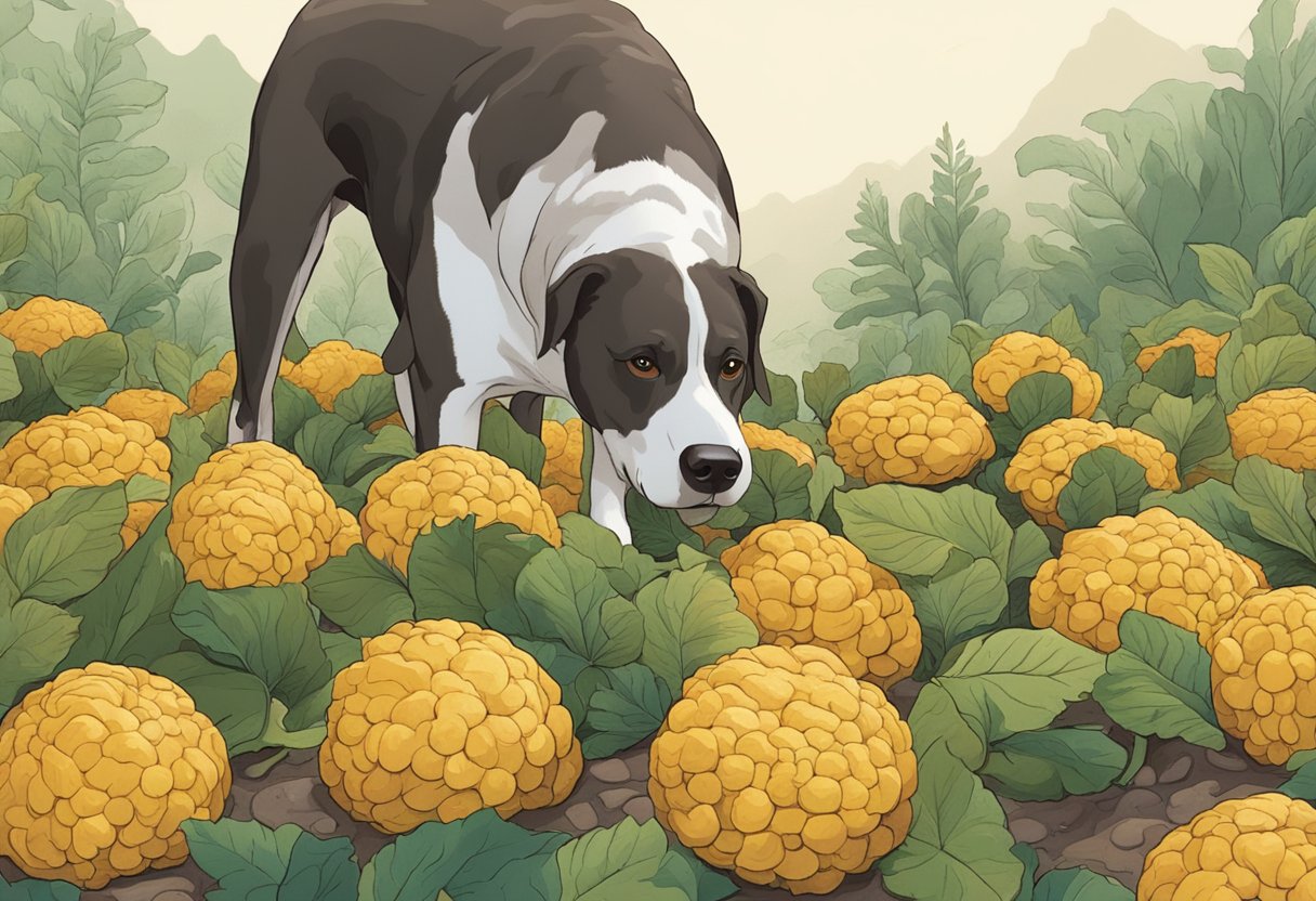A dog sniffs a pile of sunchokes, while a puzzled owner looks on.