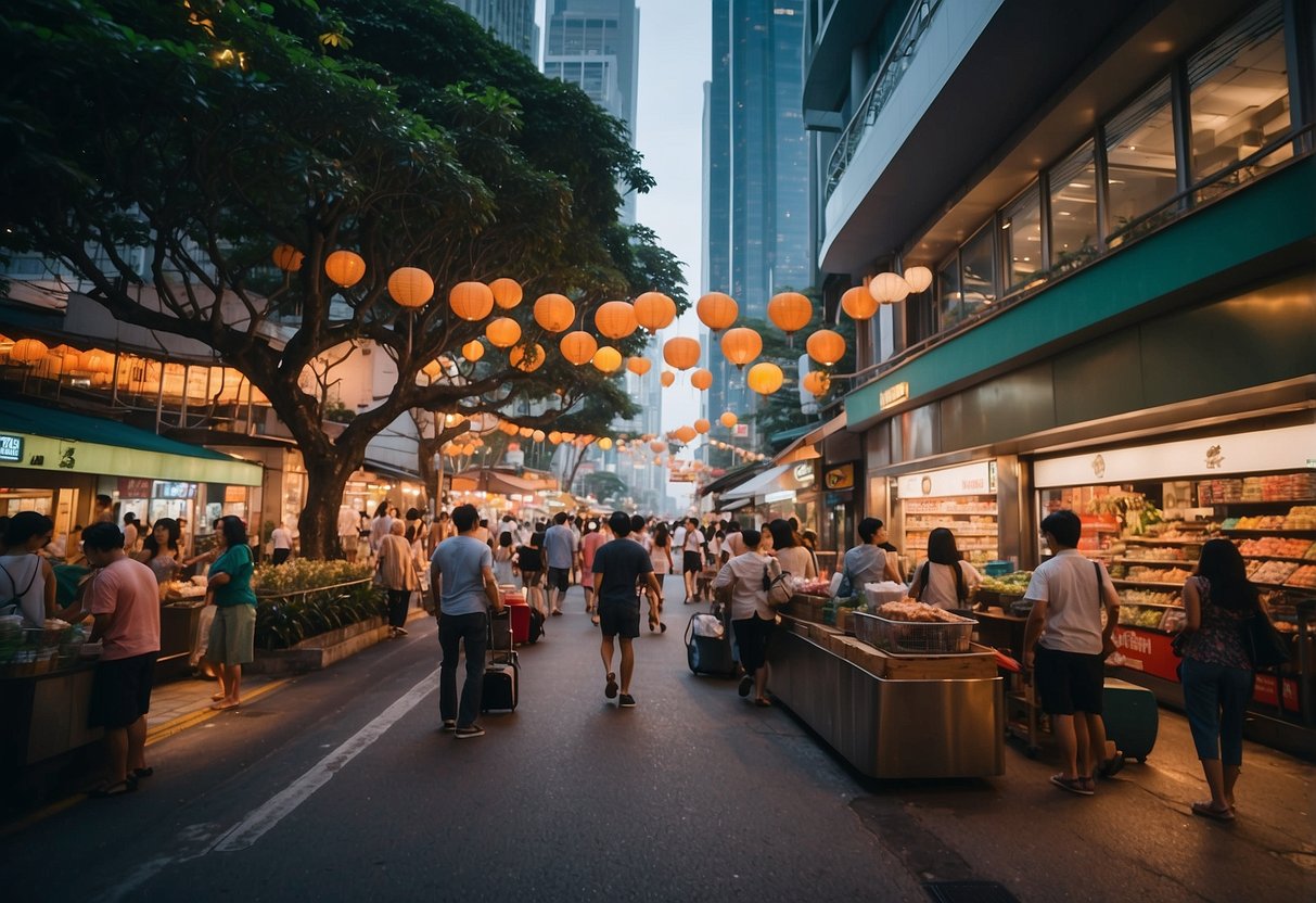 A bustling street in Singapore with a prominent Pacsafe store, surrounded by vibrant colors and bustling activity