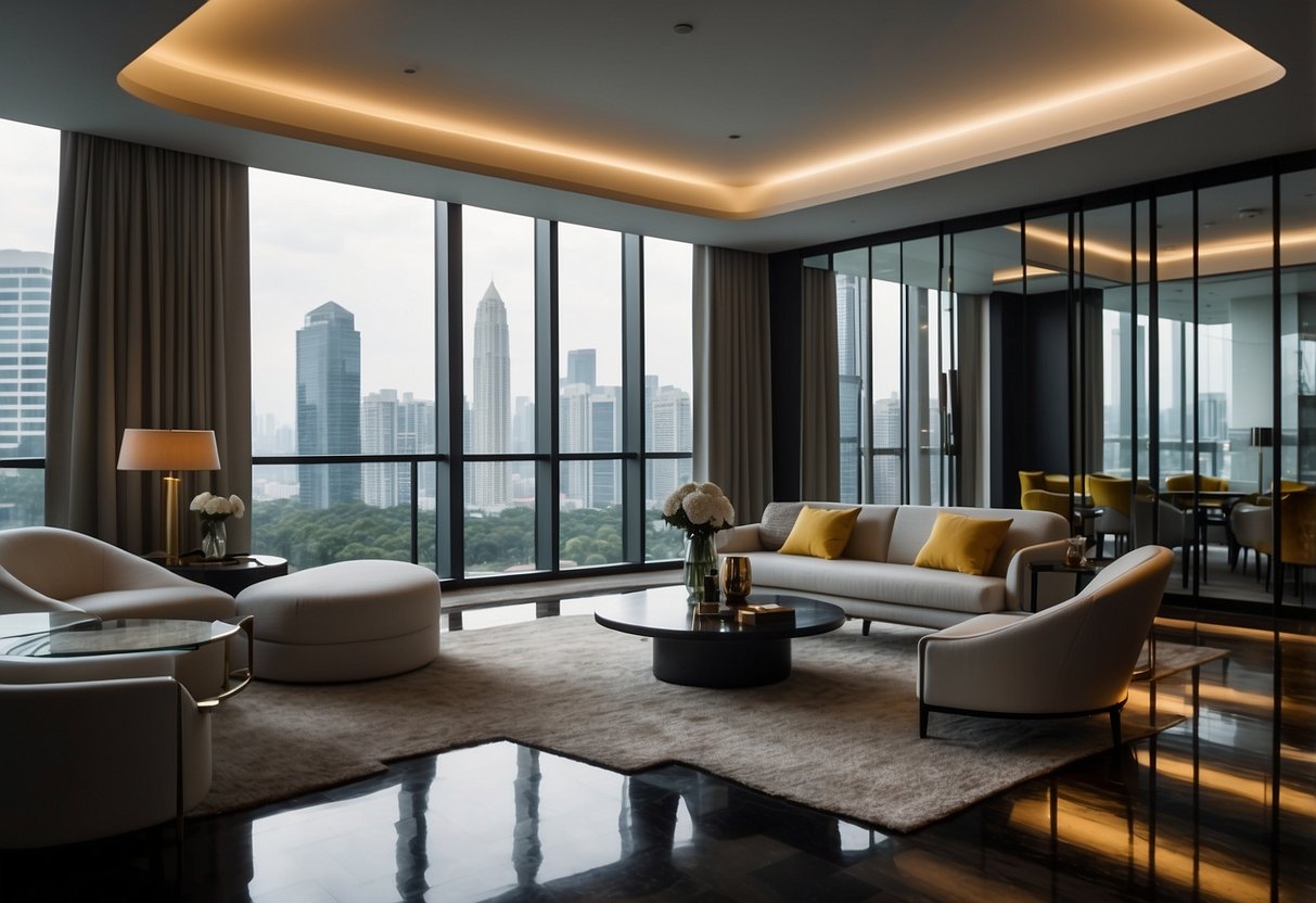 The Mondrian Hotel in Singapore features a modern and luxurious interior with sleek furniture, stylish decor, and upscale amenities