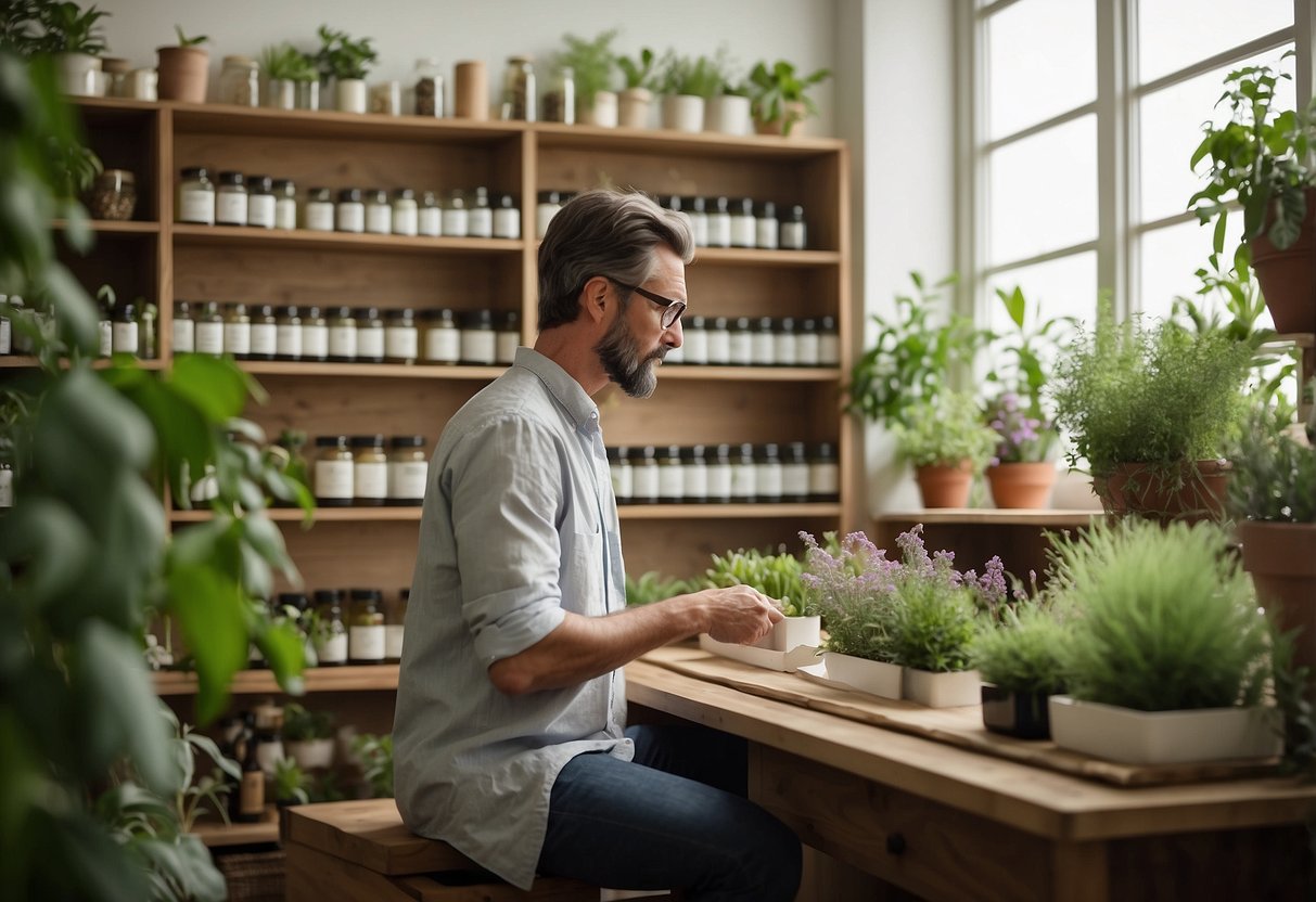 A serene room with natural light, plants, and a calming atmosphere. A homeopath consults with a client, surrounded by shelves of holistic remedies