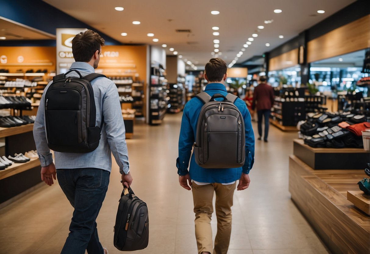 A person walks through a store, examining various Pacsafe products such as anti-theft backpacks, secure travel bags, and RFID-blocking wallets