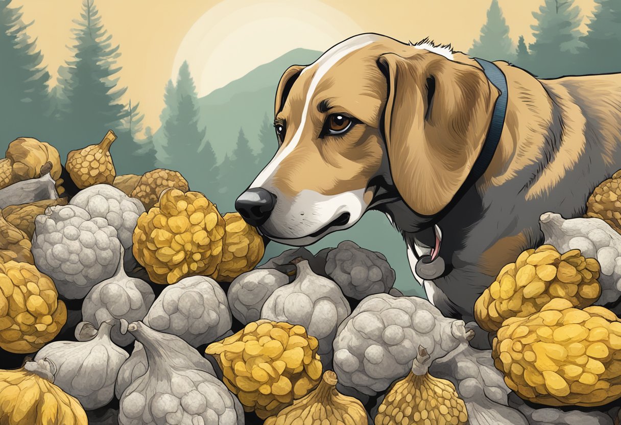 A dog sniffing a pile of sunchokes with a caution sign nearby.