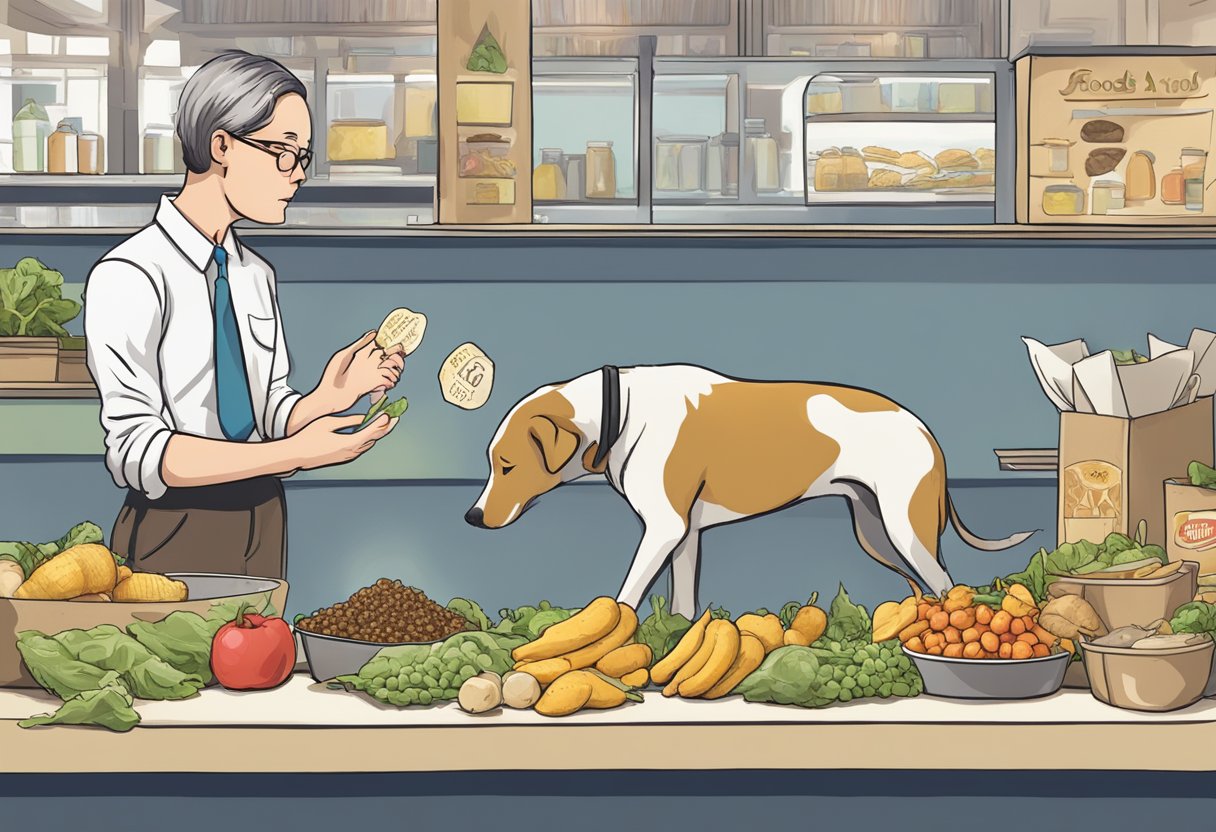 A dog sniffs sunchokes next to a "Foods to Avoid" sign
