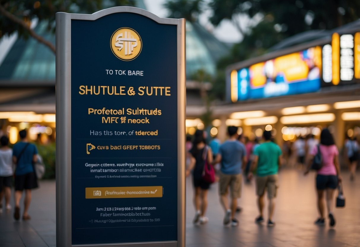 Guests follow signs to board a shuttle or take the MRT to reach Universal Studios Singapore. They arrive at the entrance and purchase tickets before entering the park