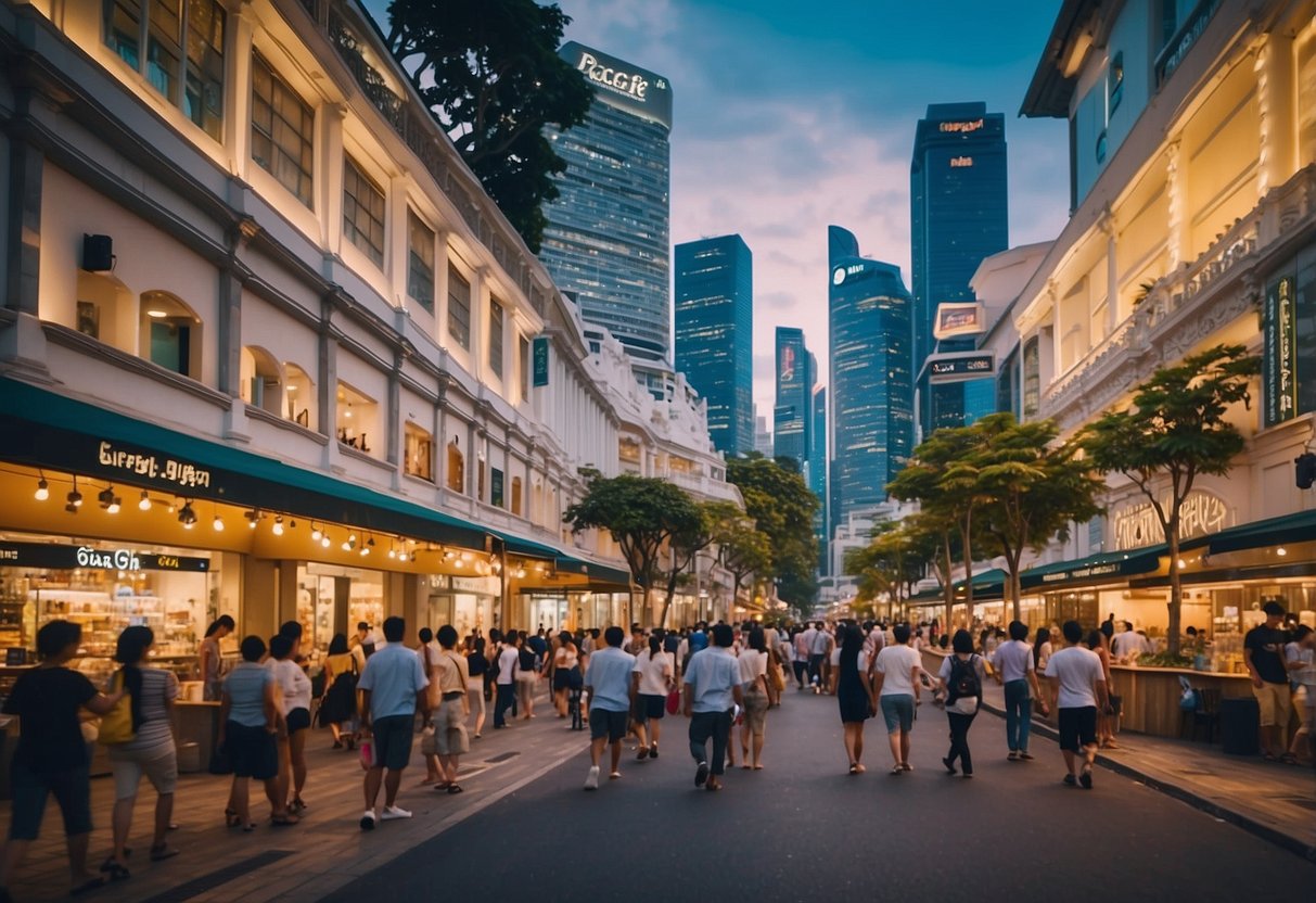 A bustling shopping street in Singapore, with the iconic Pacsafe store front, surrounded by colorful buildings and busy shoppers