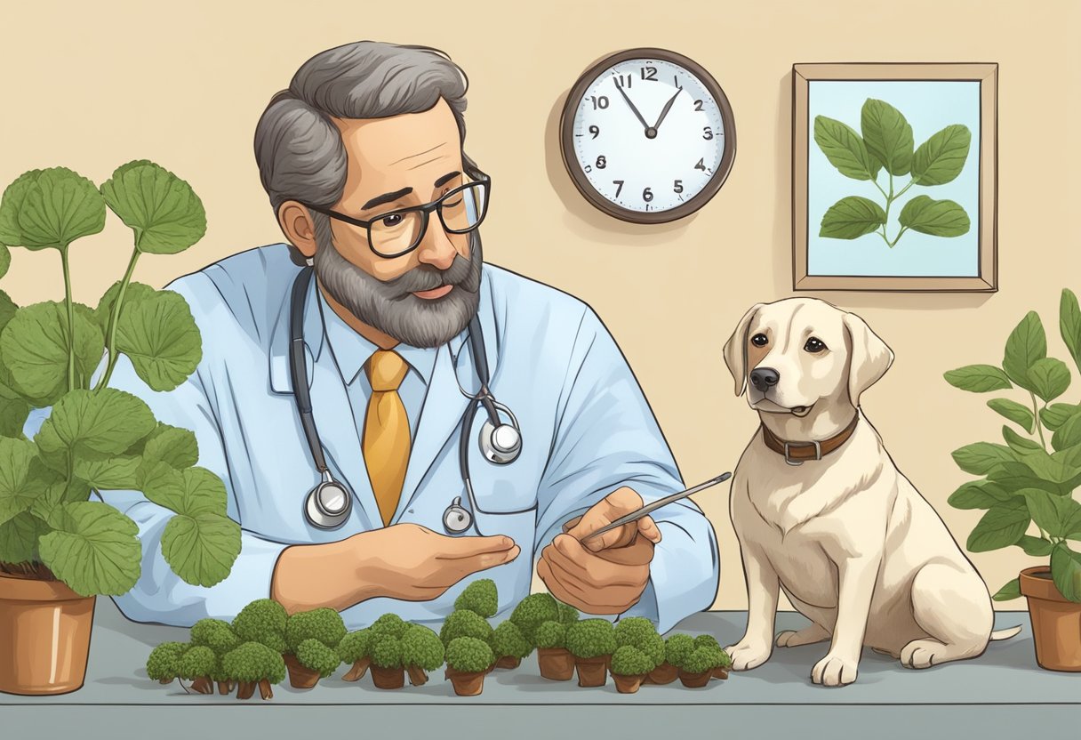 A veterinarian examines a dog, pointing to a sunchokes plant and discussing its safety for dogs