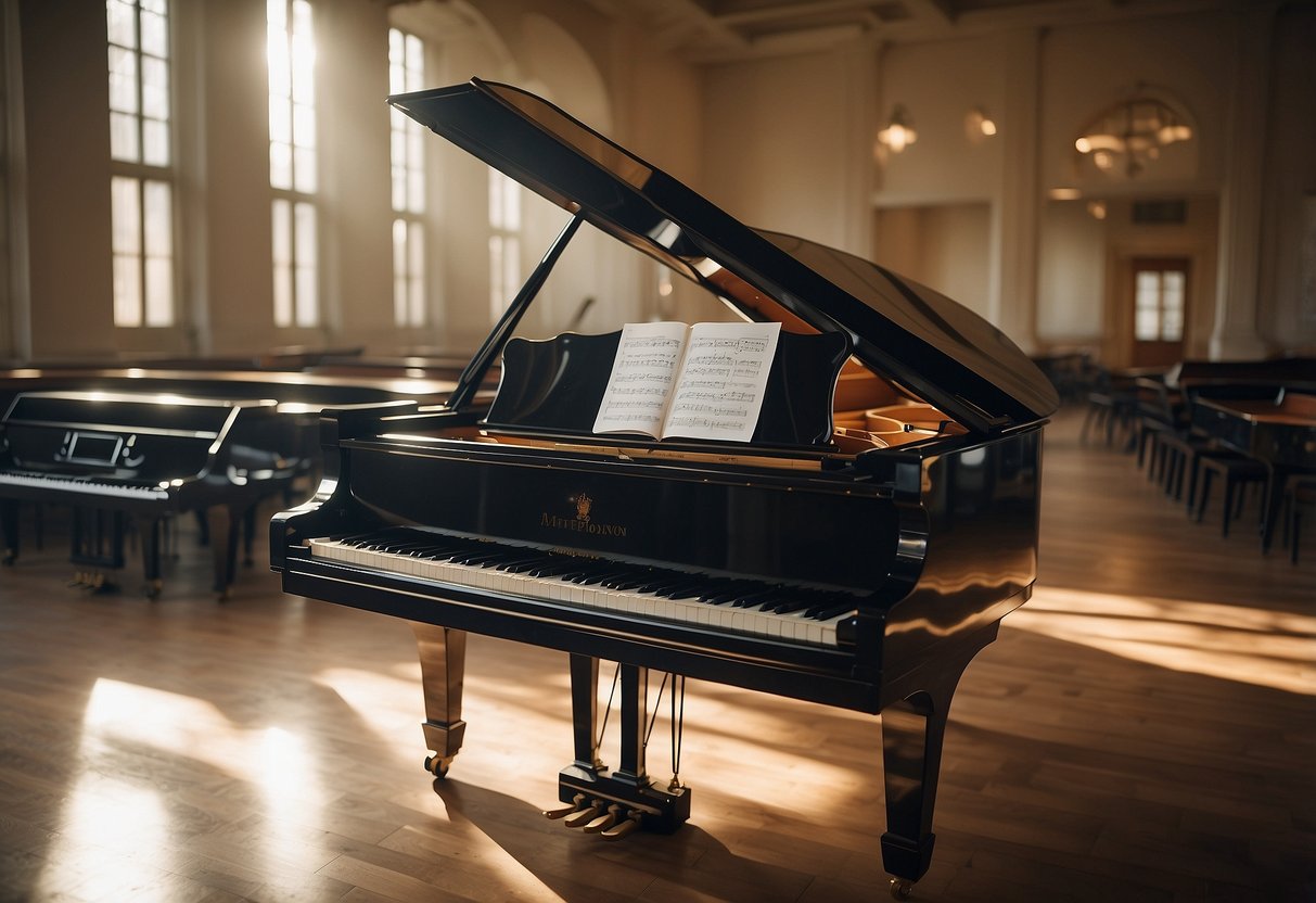 A grand piano sits in a well-lit room, surrounded by music stands and metronomes. A teacher's desk is covered in sheet music and lesson plans