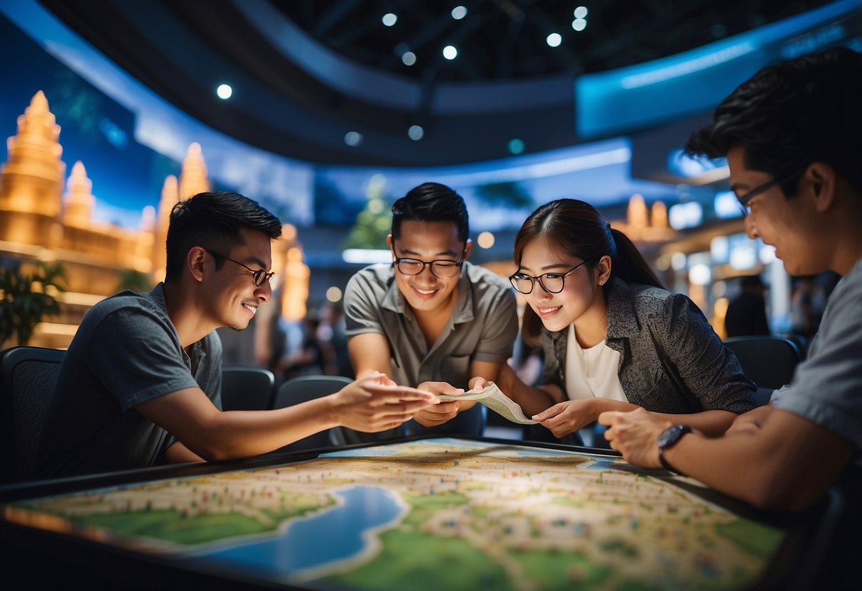Visitors study a map, purchase tickets, and board a shuttle to Universal Studios Singapore
